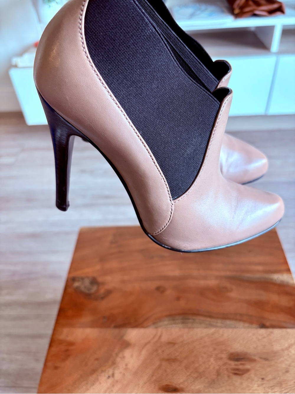 Guess Nude Taupe High-Heel Ankle Pumps with Black Elastic Panels